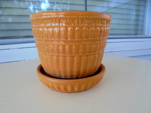 McCoy USA Beaded Flower Pot Attached Saucer Burnt Orange Vintage 1960s