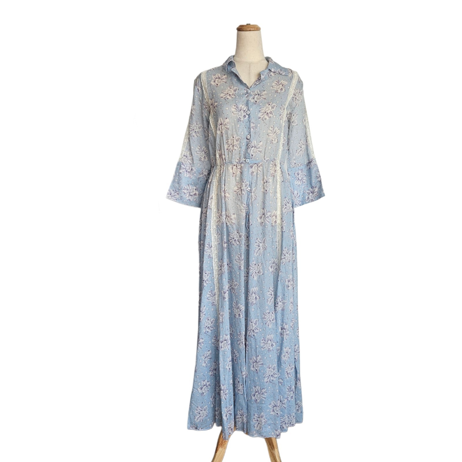Luisa Beccaria Blue Cotton Pink Floral Print Ruched Waist Maxi Dress