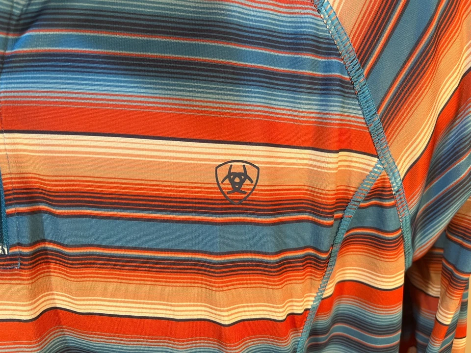 Ariat Women's blue, orange and white striped 1/2 zip Jacket shirt XXL 2XL Tek - Image 3 of 4