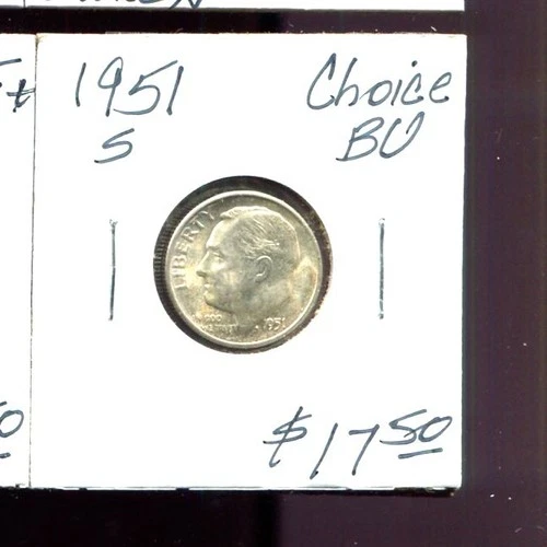 ROOSEVELT DIME 1951-S in lightly toned Frosty Choice BU condition
