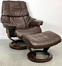 Ekornes Stressless Medium "RENO" Brown Leather Swivel Recliner Chair & Ottoman