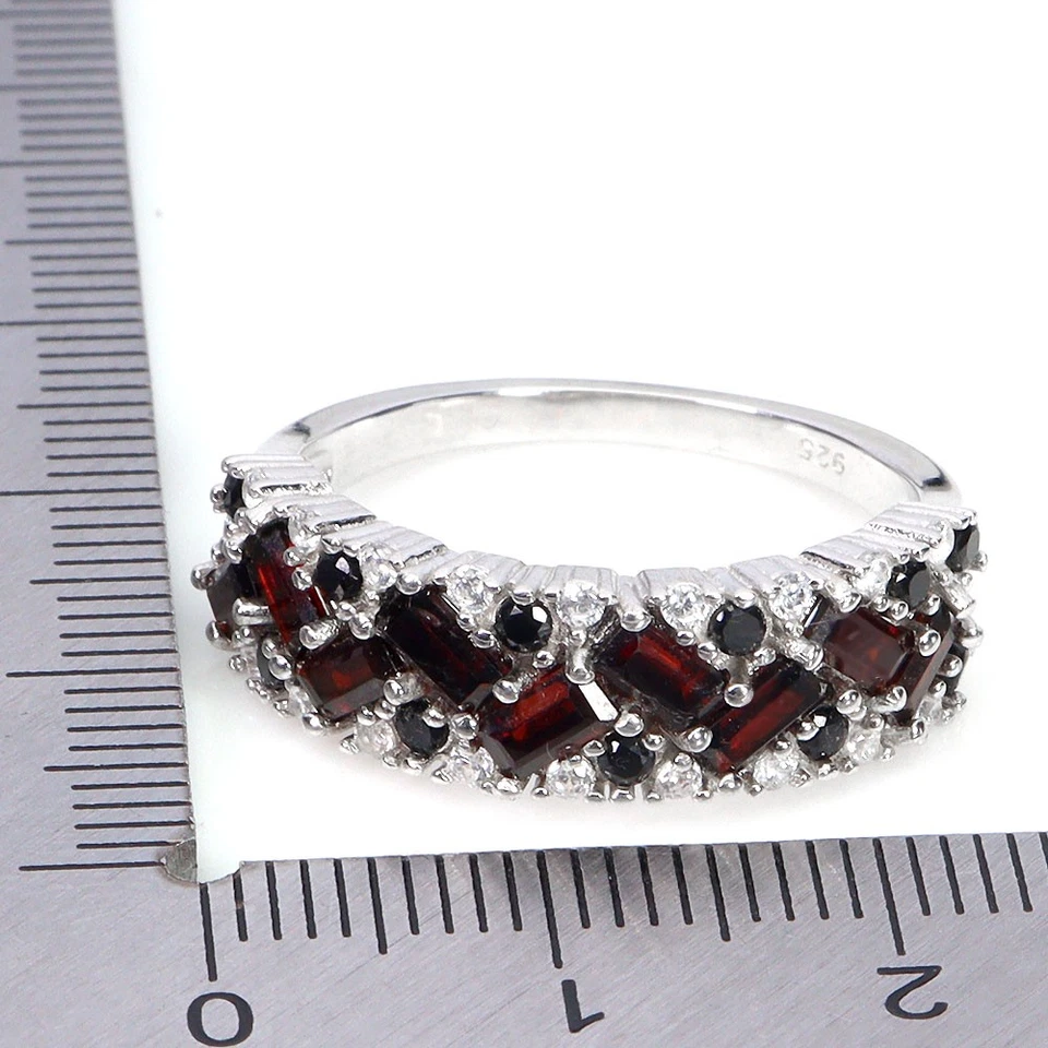 925 Anello Argento Sterling Baguette Mozambico Granato Spinello Gemma Taglia 9 - Immagine 3 di 4