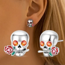 PANDACH 925 Sterling Silver Skull Rose Stud Earrings For Women Men Jewelry Gifts