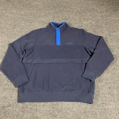LL Bean Sweatshirt Mens Medium Blue Snap Collar Mock Fleece Outdoors Hiking Ski