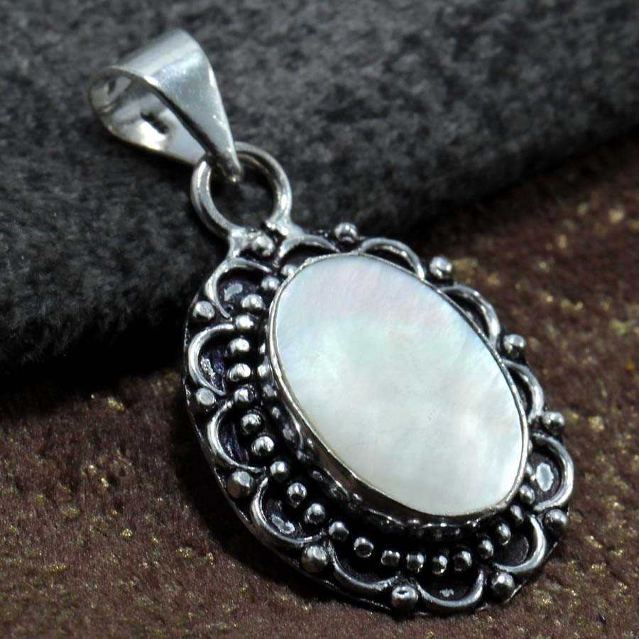 Mother of Pearl 925 Silver Plated Gemstone Pendant 1.6 Inch Limited Edition Gift GW