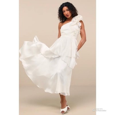 Lulus Large Lanelle Cream Ruffled One Shoulder Midi Dress NWOT Whimsical Tiered
