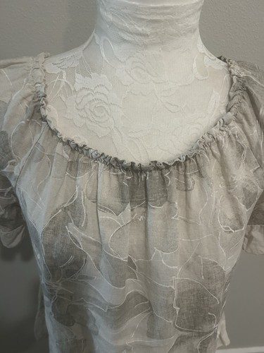 Terzo Millennio Italy Ruffle Top Blouse Sz M Beige Print 100% Linen Short Slvs - Picture 4 of 13