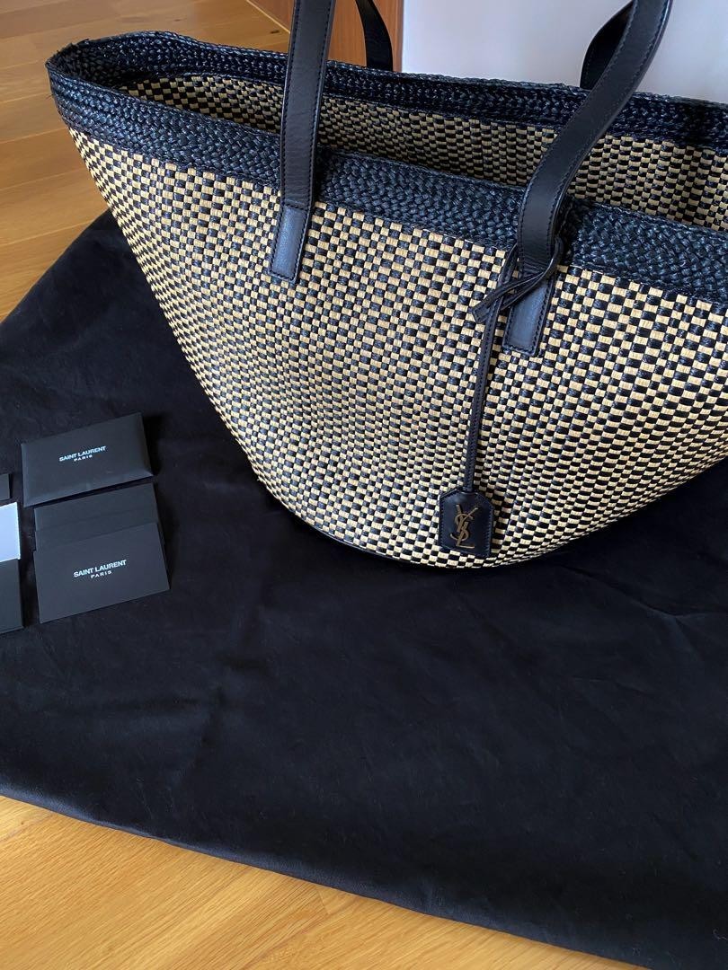 Borsa Saint Laurent Paris tote bag in paglia tessuto nero bordo in pelle logo YSL estiva