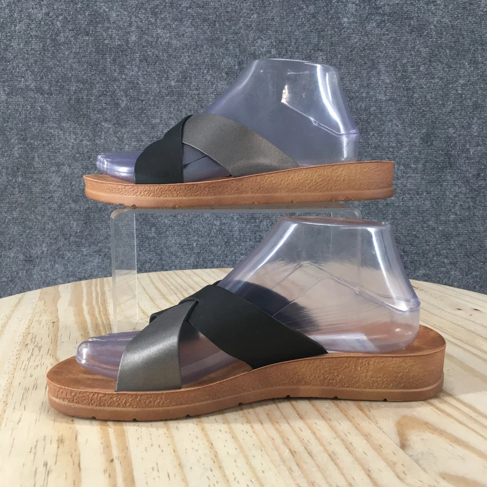 NUEVAS Sandalias Wanted Para Mujer 8 Heidi Correa Cruzada Deslizable Marrón Negro Imitación Cuero Foto 2 de 4