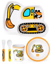5 PCS Kids Plate Bowl Set Construction Toddler Dinnerware Utensil Cup Dish
