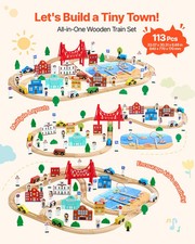 113PCS Wooden Train Set, for Kids Ages 3-8, Wood Train Track Toy with Storage Bo