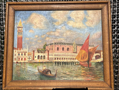1931 Antique by M L KESLER Venice Ducal Palace Lagoon Oil Painting Listed Artist