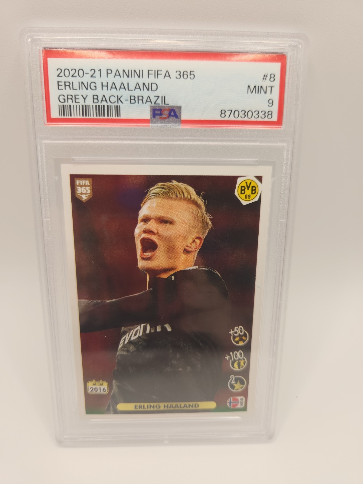 Erling Haaland RC 2020-21 Panini FIFA 365 Grey Back-Brazil #8 PSA 9 POP 1