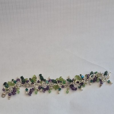 Vintage Sterling Silver 925 Gemstone Cluster Charm Bracelet Amethyst Peridot Pea