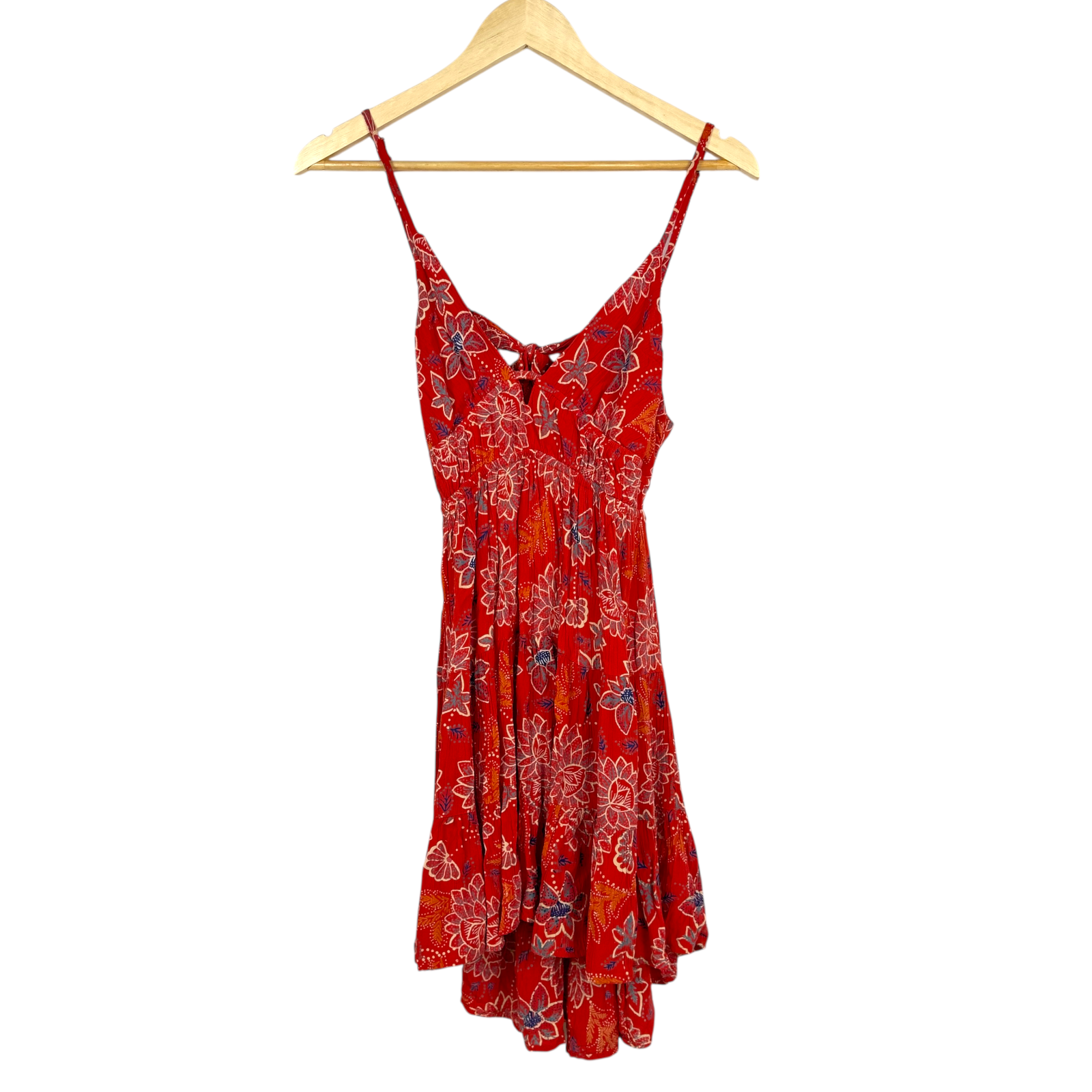 Angie Red Floral Boho Midi Dress Tie Back Festival Romantic Summer Sundress SZ L