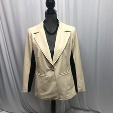 Iman Beige Black Faux Leather Blazer Womens Size Medium Pointe Inserts Jacket