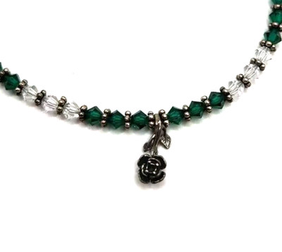 Sterling Silver 925 Crystal Green Beaded Rose Anklet 10'' Handmade Vintage 1990's
