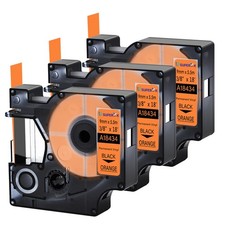 3PK 18434 Black on Orange Industrial Vinyl Tape Label For Dymo Rhino 3000 9mm