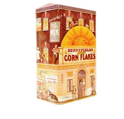 Vintage 12'' English D. SunnyField Golden Corn Flakes Metalldose leer Cornflakes   