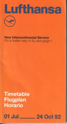 Lufthansa timetable 1992/07/01 edition for Eastern/Central US