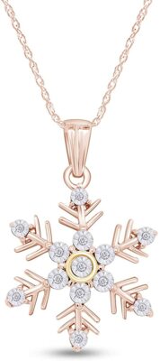 Round Natural Diamond Snowflake Pendant Necklace 14K  Gold Plated Sterling 18''