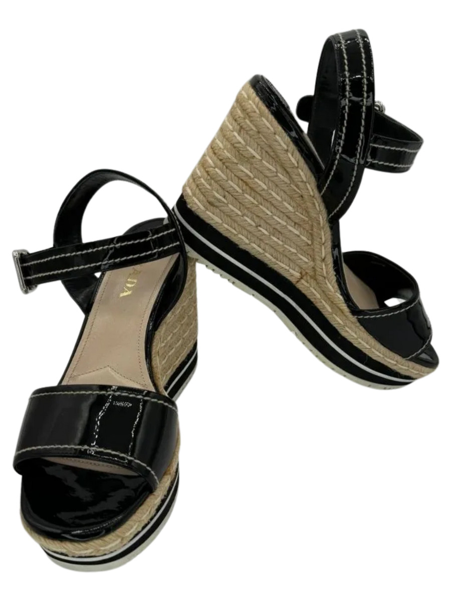 PRADA Black Patent Leather Espadrille Wedge Ankle Strap Sandals