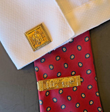 3 Pc Vtg Anson Elephant Temple Palace Cufflinks  Tie Clip Set Wedding Formal