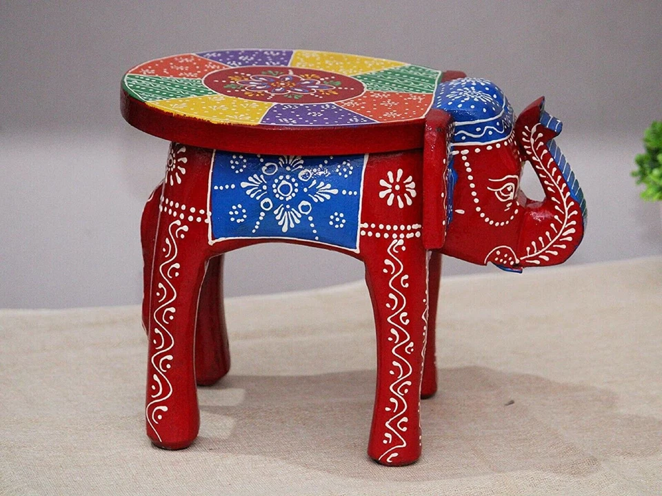 Indian Handmade Wooden Elephant Shape RED Multi Decor Side Table Statue Table - Image 3 of 4