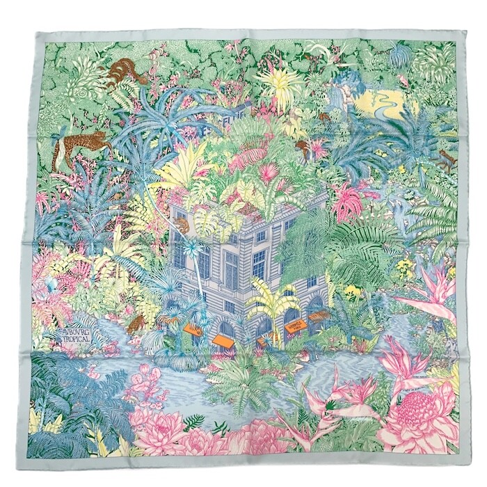 Hermes Scarf Stole Faubourg Tropical Green Botanical Floral Silk