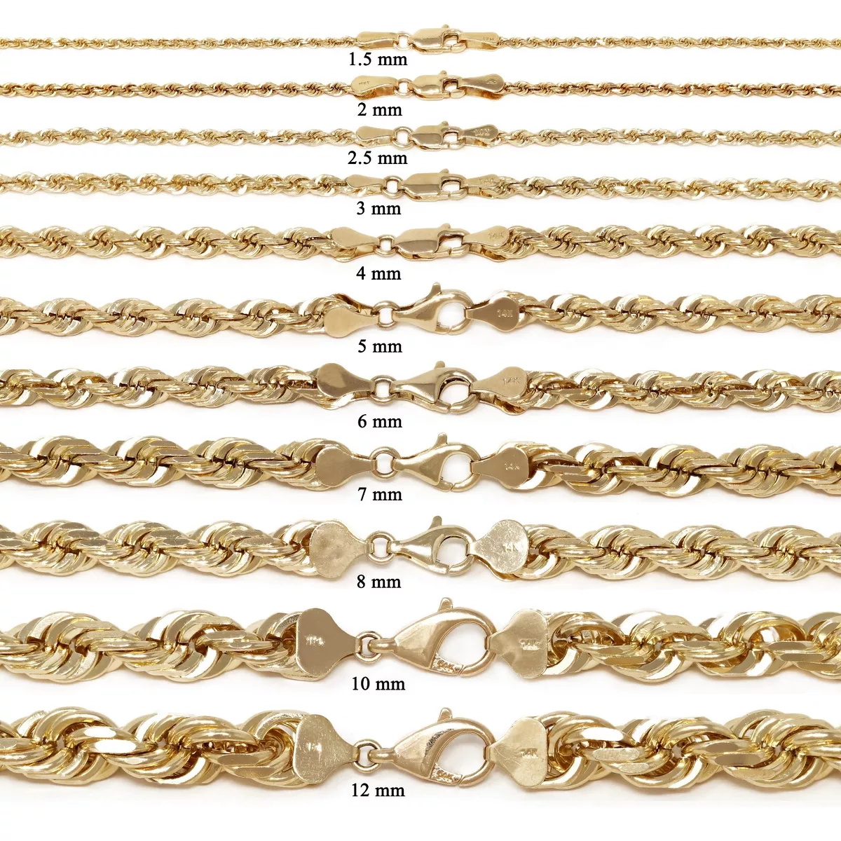 Buy 14k Yellow Gold Skinny Diamond Cut Rope Chain 16-24 Inch 1.30