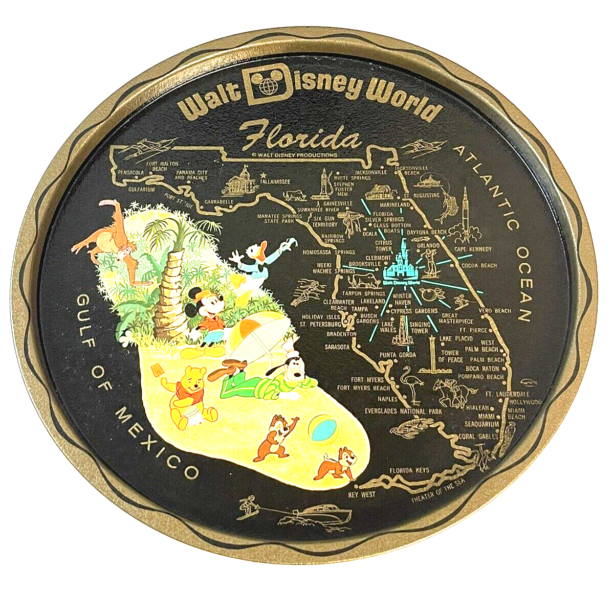 1960s Mickey Mouse Walt Disney World Florida Map Tin Serving Tray Atlantic