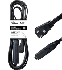 HONDERONS 6FT 3 Outlets Black Extension Cord with Flat Plug 14/3 SPT-3 Extens...