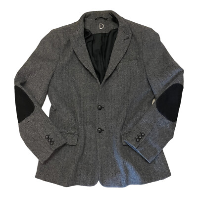 Troy Smith Men's Large Grey Herringbone Coat Lined IN GREAT CONDITION elbow pads