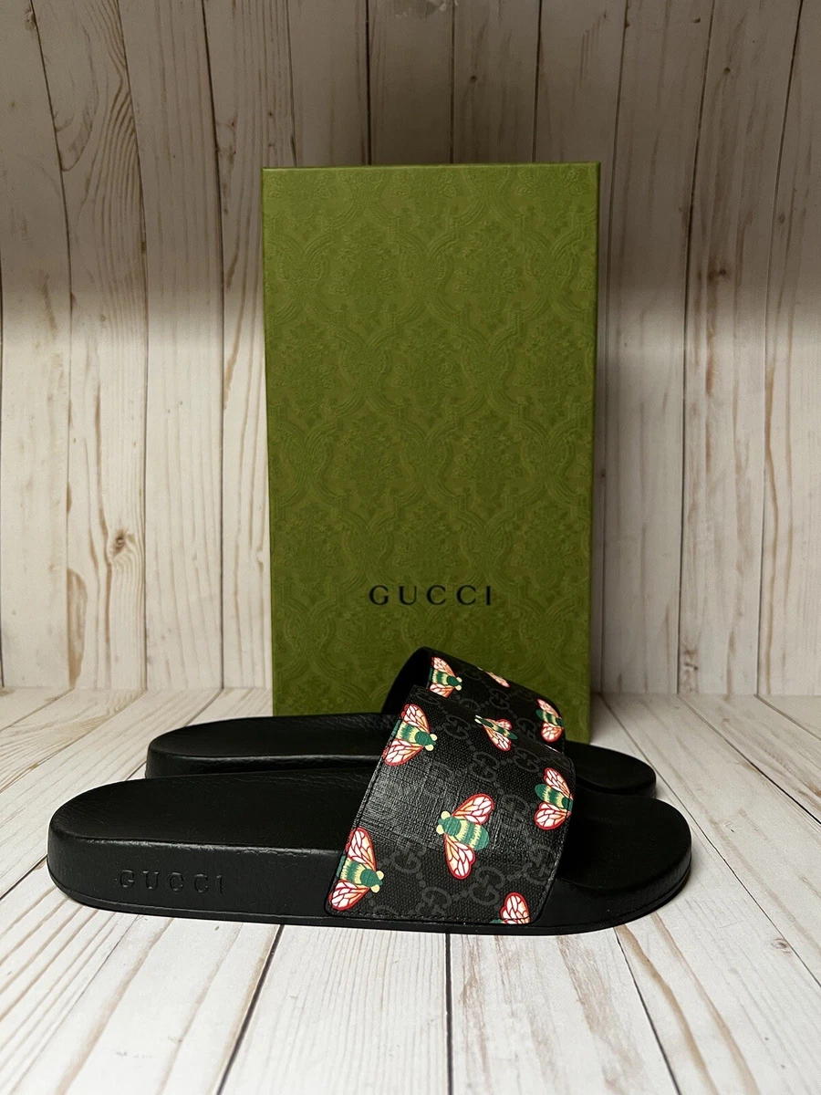 Gucci GG Supreme Bee Monogram Slide Sandal Black Multicolor Sz 9G