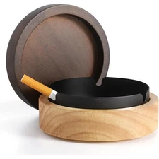 Portable Wooden Ashtray with Lid and Stainless Steel Windproof Design for Indoor