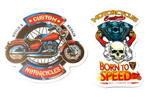 NEW Custom Motorcycles Decals Stickers Set of 2 Born To Speed Build Repair Skull