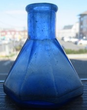 Dark Cornflower Blue 8 Sided Smooth Base Tooled Lip Umbrella Inkwell Ink Bottle