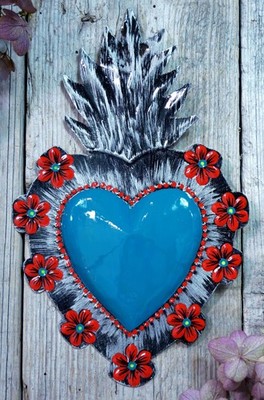 #7 Sacred Heart Tin Ornament Handmade & Hand Painted Mexican Folk Art Love Token