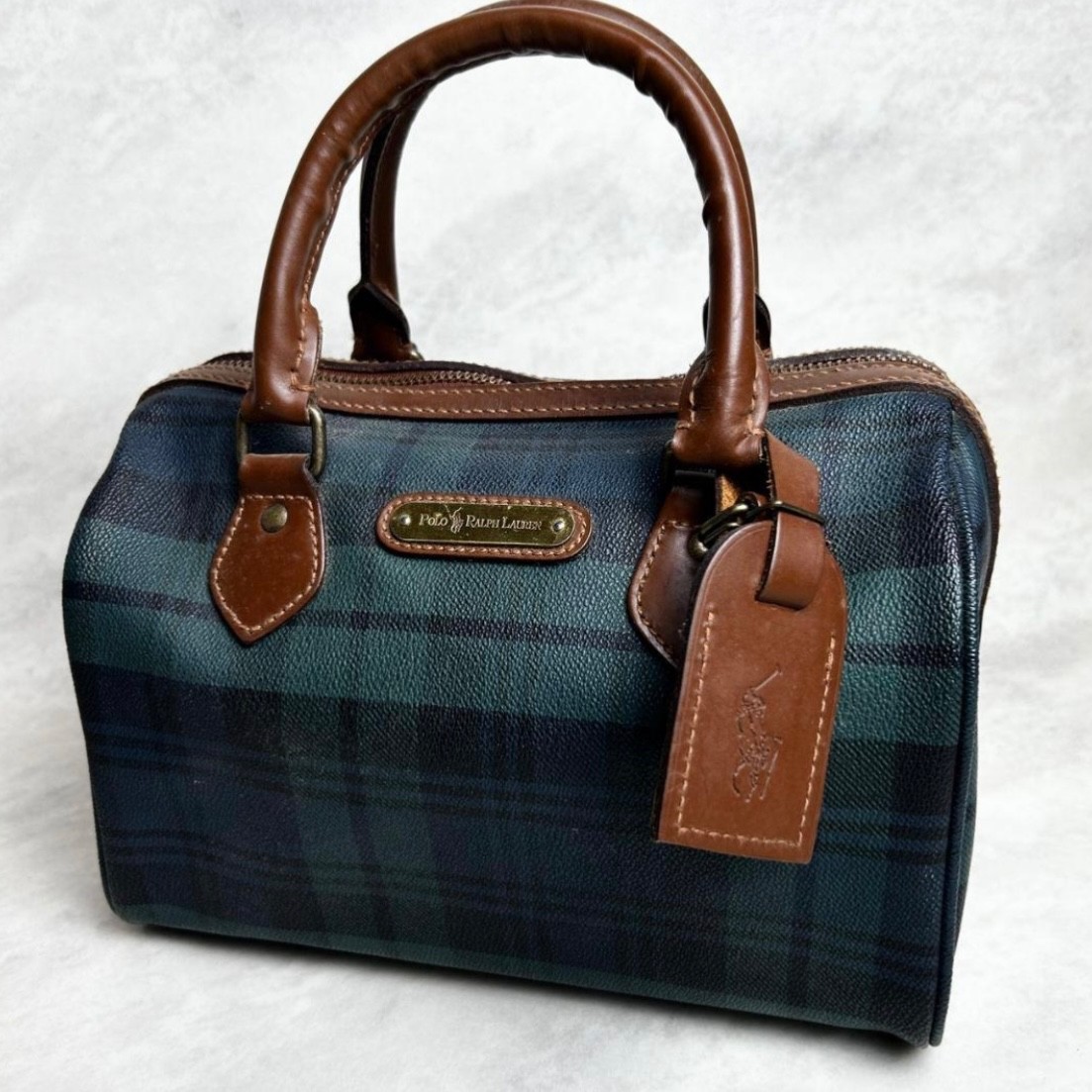 POLO RALPH LAUREN Boston Bag Satchel Plaid Check Green Brown Y2K PVC LeatherBag