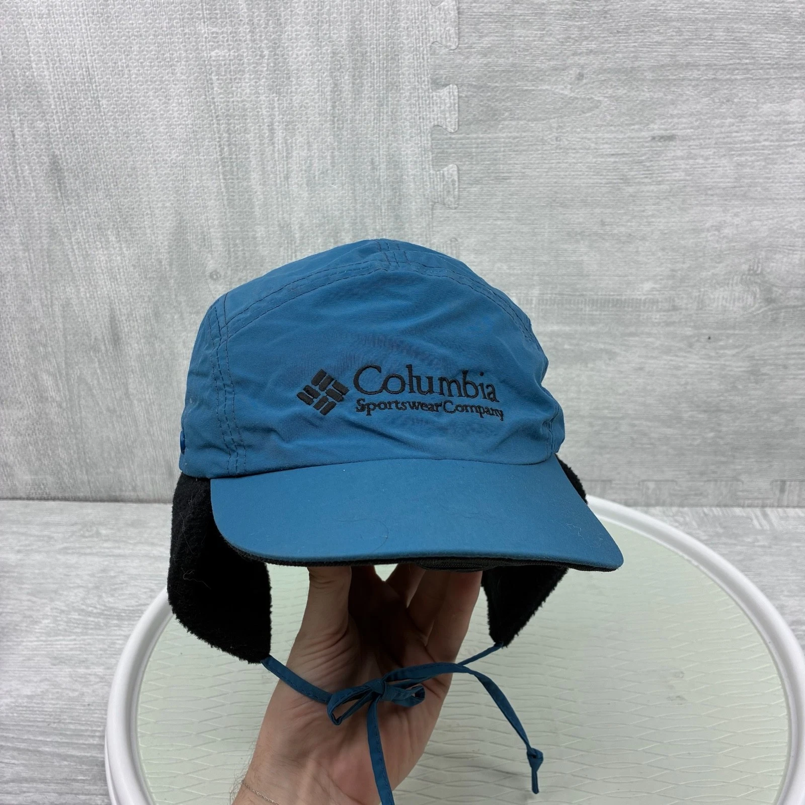 Vintage Columbia Hat Cap Mens XL Blue 5 Panel Removable Liner Fleece Fishing