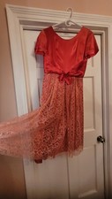 Red Floral Lace 1950s Cupcake Dress Short Sleeve Bow Sz S VINTAGE