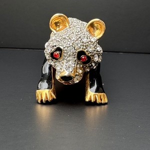 Authentic MASSIVE Vintage 3D Panda Rhinestones Enamel Gold Plated Pin Brooch Red Eyes
