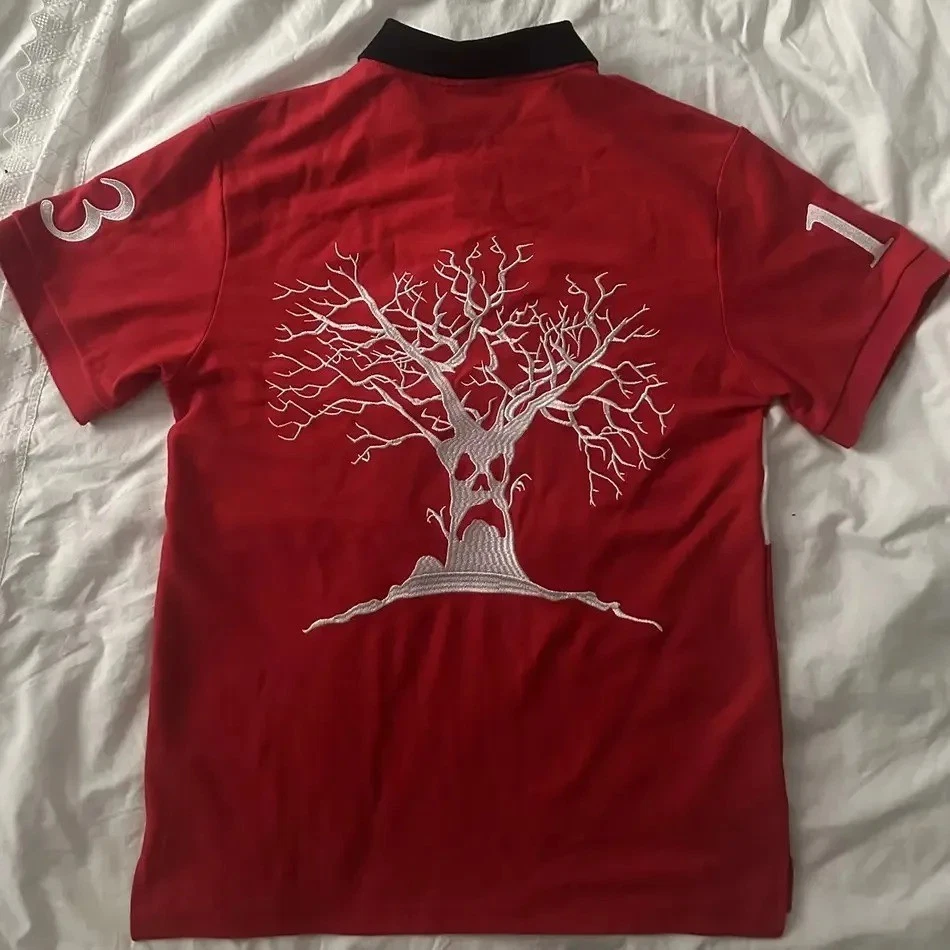 Haunted Mound Embroidered Red Polo Shirt Y2K Tshirt HipHop Retro Pumpkin Head
