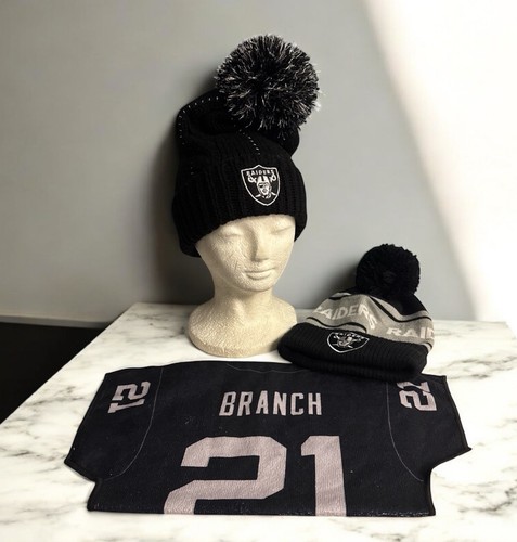 Lot Of Las Vegas Raiders NFL 2 Pom Knit Beanies + Cliff Branch 21 Towel