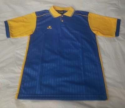 Kelme Fubol Blue Yellow Men's Striped Embroidered Logo Collar Jersey Size Small