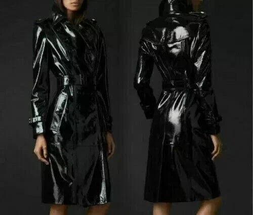 Women PVC Vinyl Shinny Trench long Coat Waterproof Winter Jacket USA - Image 2 of 3