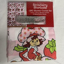 Strawberry Shortcake Shower Curtain Set Pink 13-Pc 72x72 Fabric With Hooks Bath
