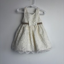 American Princess Ivory W/Gold Lace Dress Sz 24 Months Bow Gold Pearls Bling