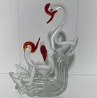Vintage Swans Large Murano Style Art Glass Family of Geese Sculpture Clear Red
