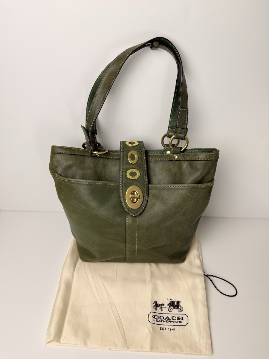 Coach Vintage Lily Legacy Turnlock Tote Green Leather Shoulder Bag 